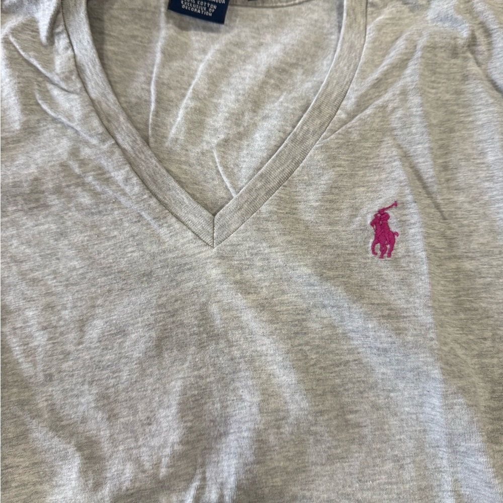 Ralph Lauren Sport Women’s Grey V-Neck Long-Sleeve T-Shirt w/ Pink Pony Logo